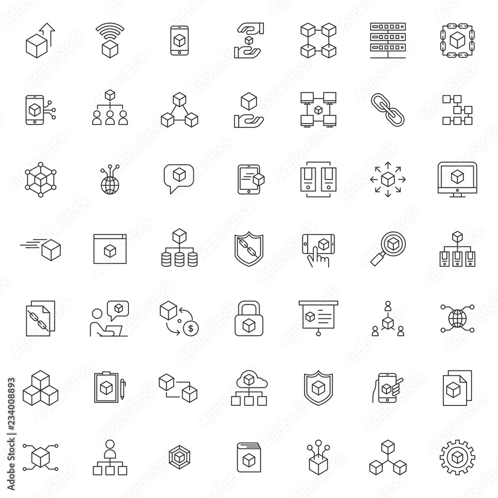 Poster big set of blockchain technology icon with simple outline and modern style, editable stroke vector e
