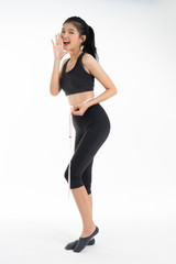 Sporty young asian woman doing yoga practice isolated on white background - concept  healthy life  fitness for slim.