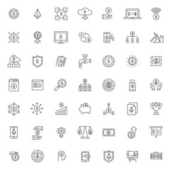 big set of bitcoin business technology icon with simple outline and modern style, editable stroke vector eps 10