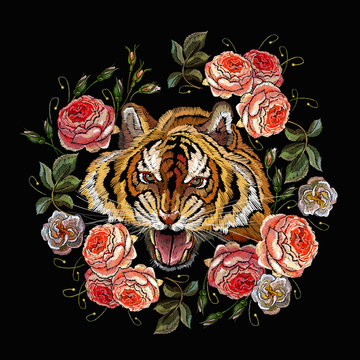 Embroidery tiger head and beautiful roses flowers. Clothes, textile design template