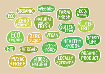 Stickers with handmade lettering for bio production, organic food, packaging.