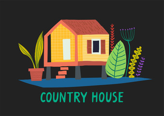 Obraz premium Hand-drawn illustation of private wooden country house with various plants on a black background.