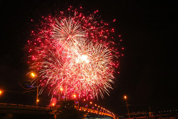 Fireworks over the city illuminate the sky with a dazzling display