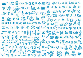 Fototapeta na wymiar Hand draw business activity set doodle. Business ideas presentation. Background blue color