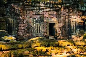 green moss in the stones in angkor wat ruins