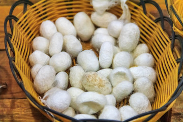 Silkworm cocoons ready for the process of making silk thread by hand at a factory in Beijing, China
