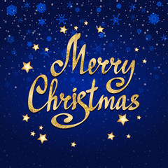 Merry Christmas calligraphic lettering with stars. Vector card template.
