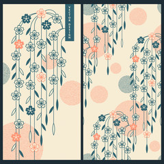 japanese set with vector cards and seamless vector pattern with traditional japanese ornaments and flowers