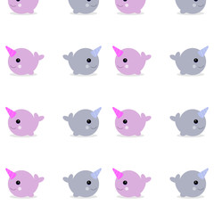 Vector illustration. Cute cartoon magic narwhal isolated on white background. funny unicorn whale for child and cards. Seamless background. © Yulia