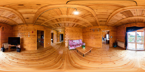 The interior of the hall in a wooden house of beams, spherical 360Vr panorama