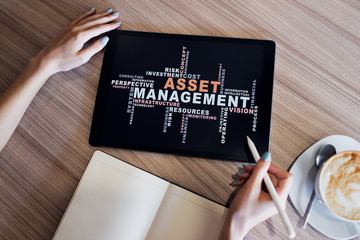 Asset management words cloud on screen. FInancial and Business concept.