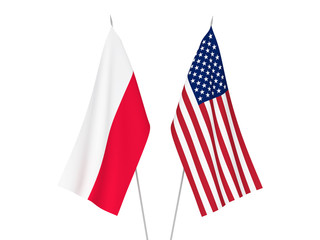 National fabric flags of America and Poland isolated on white background. 3d rendering illustration.