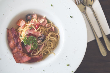 spicy spaghetti with bacon and ham