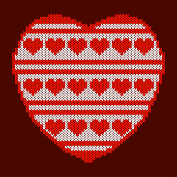 Valentines Day. Knitted texture in the shape of a heart. Pattern of hearts and stripes. White and red.