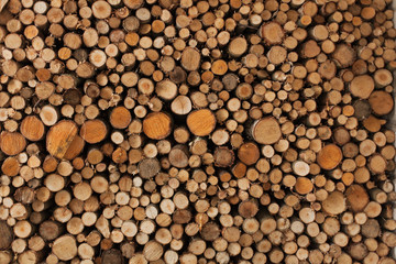 A woodpile of round logs and wood chucks in the countryside.