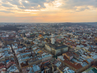 beauty sunset over old european city. birds eye view