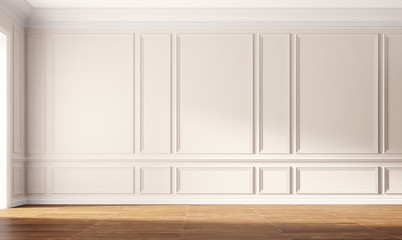 Classic empty room with beige wall and wooden floor. 3d illustration