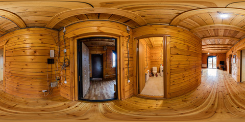 Interior hallway in a wooden house of beams, spherical 360vr panorama