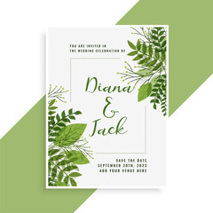 wedding invitation card design in floral green leaves style