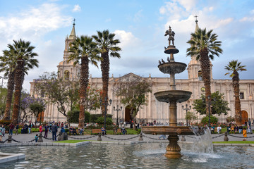 Views of the Plaza de Armas, Basilica Cathdral and colonial buildings in Arequipa, Peru