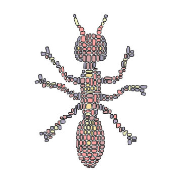 and drawn vector illustration in Mondriaan (Mondrian) style isolated pink ant on a white background