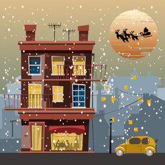Christmas and Santa Claus in city vector illustration