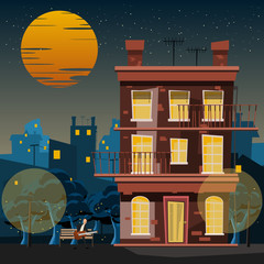 musician at building in night vector illustration 