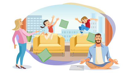 Happy Father in Lotus position surrounded Family