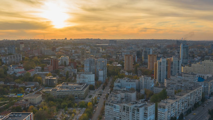Downtown city skyline and skyscraper at sunset. Dnipro, Ukraine.
