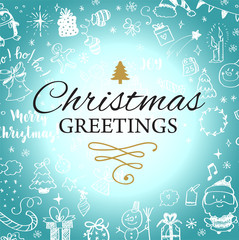 Christmas post card with doodles. Big set of Christmas design element in doodle style