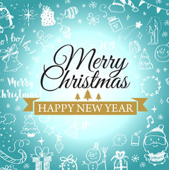 Christmas post card with doodles. Big set of Christmas design element in doodle style