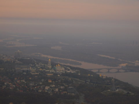 Aerial photo of main Kyiv attractions: Kiev Pechersk Lavra monastery and The Motherland Monument