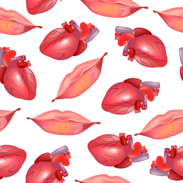 Vector seamless background with realistic red lips, hearts. Fashion illustration. Lips prints wrapping paper. Good for package design