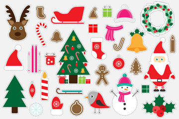 Different colorful christmas pictures for children, fun education game for kids, preschool activity, set of stickers, vector illustration