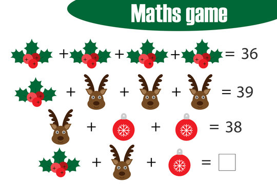 Maths game with pictures - christmas theme for children, middle level, education game for kids, preschool worksheet activity, task for the development of logical thinking, vector illustration