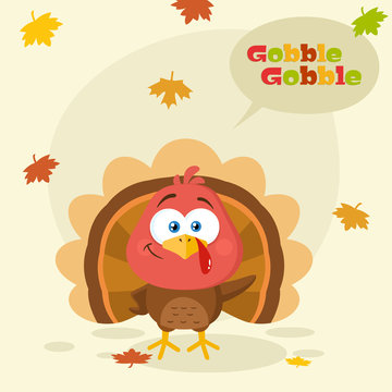 Cute Turkey Bird Cartoon Character Waving. Vector Illustration Flat Design With Background And Text