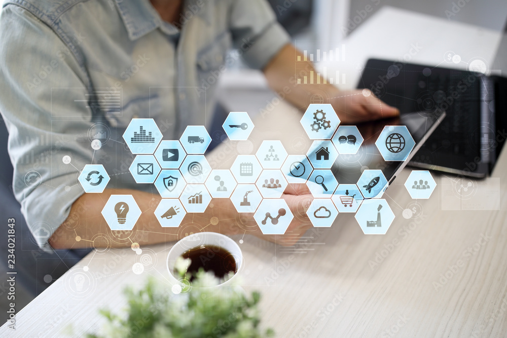 Poster virtual screen interface. internet and digital technology in business concept.