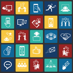 Social network and connections on color squares background icons