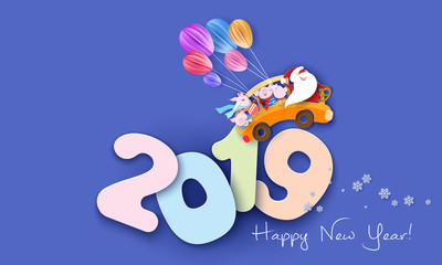 2019 Happy New Year design card with Santa and pig