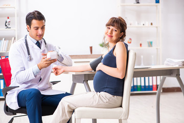 Fototapeta premium Young doctor checking pregnant woman's blood pressure