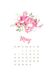Printable 2018 Calendar with pretty colorful flowers. illustration