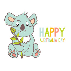 Happy Australia Day with a cartoon koala. Celebratory background with flowers and leaves. layout design template for cards, banner, poster, flyer. Tipografiya illustration.