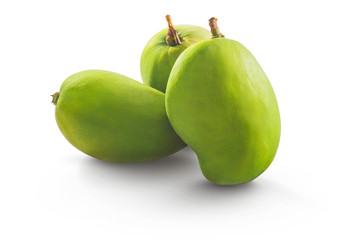Fresh green mango called ''Mange Carotte'' isolated on white background - very popular green, in rougail or cut into pieces with salt and pepper.
