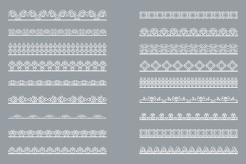 Set of horizontal isolated White lace borders for design. Patterned elegant beautiful edge. Vector illustration