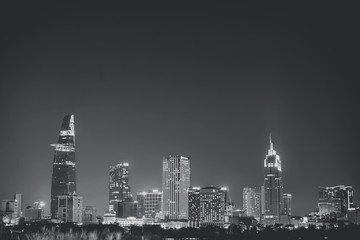 Ho Chi Minh City skyline at night in Black and White