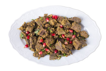 Baked beef liver with walnuts.