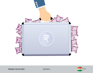 Hand holds a metal case with 2000 Indian Rupee Banknotes. Flat style vector illustration. Salary payout or corruption concept.