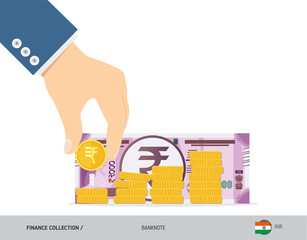 Hand putting coins to coin stack with 2000 Indian Rupee Banknote. Flat style vector illustration. Growing graph. Finance concept. 