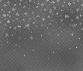 Christmas snow on dark transparent background. Snowflakes with transparent effect. Snowfall.