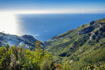 Fototapeta na wymiar Mediterranean Coast in Amalfi in Italy. Views from Path of the Gods hike